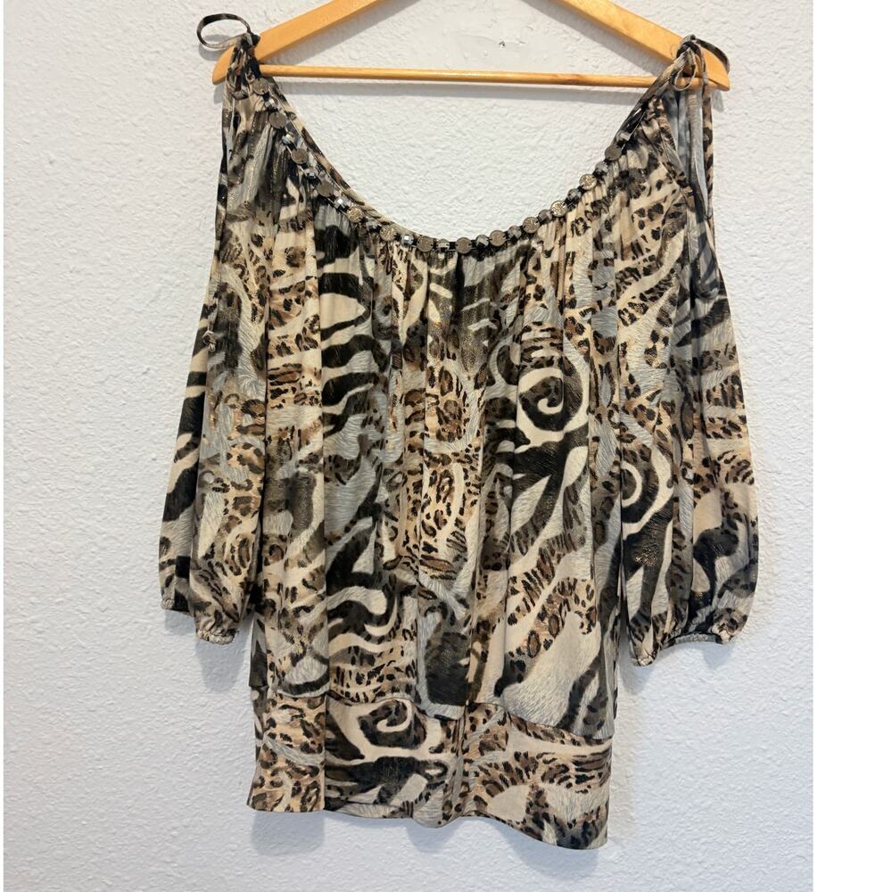 y2k cache cheetah print blouse off the shoulder vintage glam going out euro boho